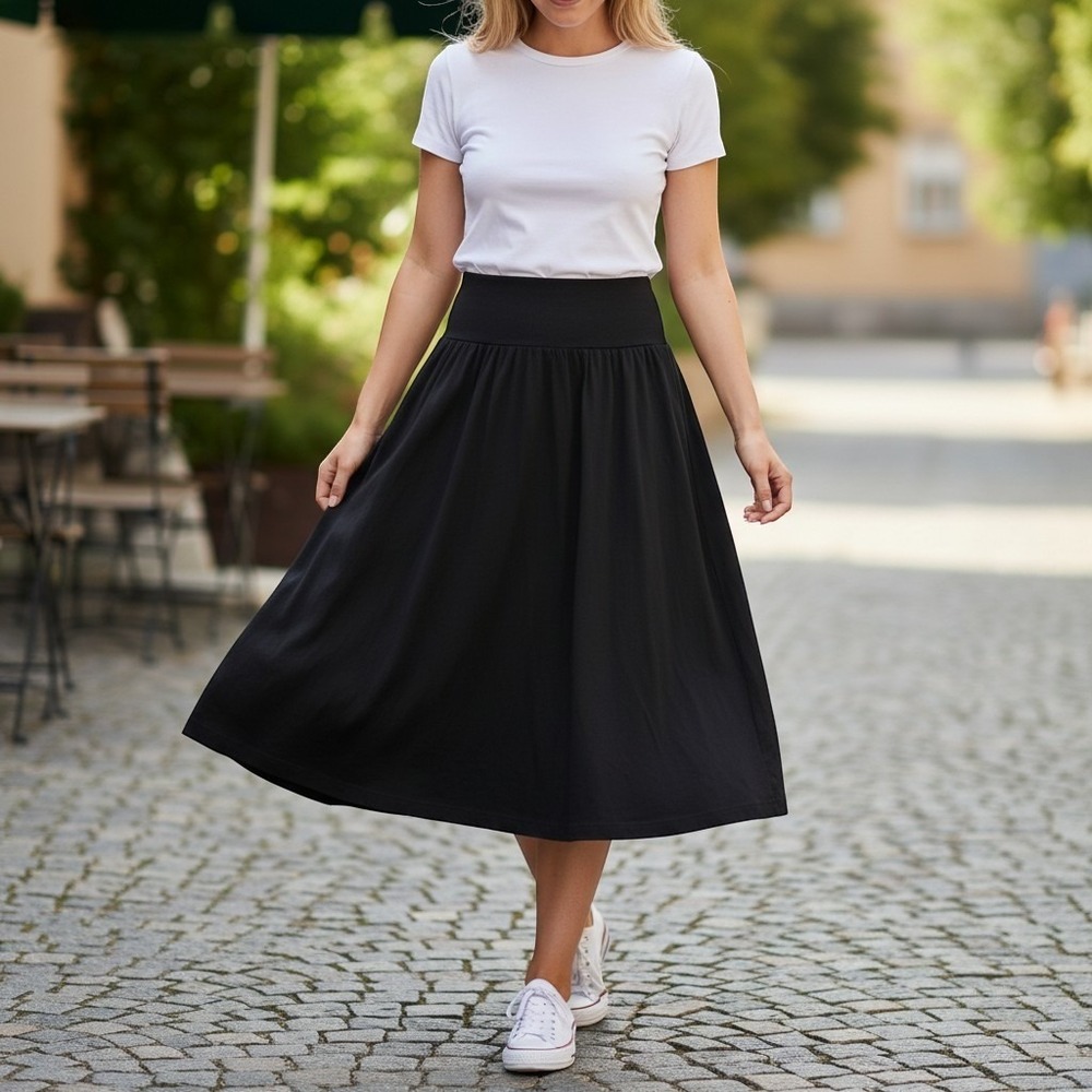 Banana Republic black A-line midi skirt wide structured waistband yoke L capsule